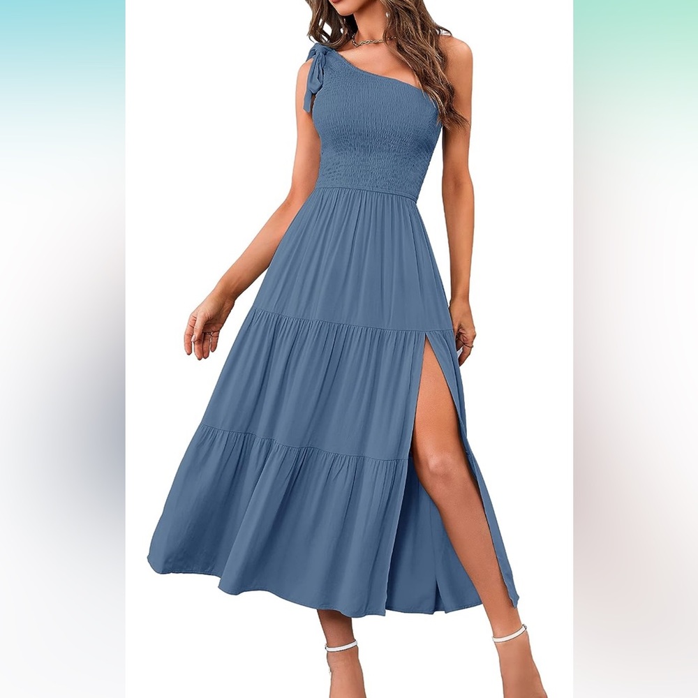 Dusty blue one shoulder midi dress